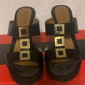 Pesaro Black Heeled Sandals with Gold Accents